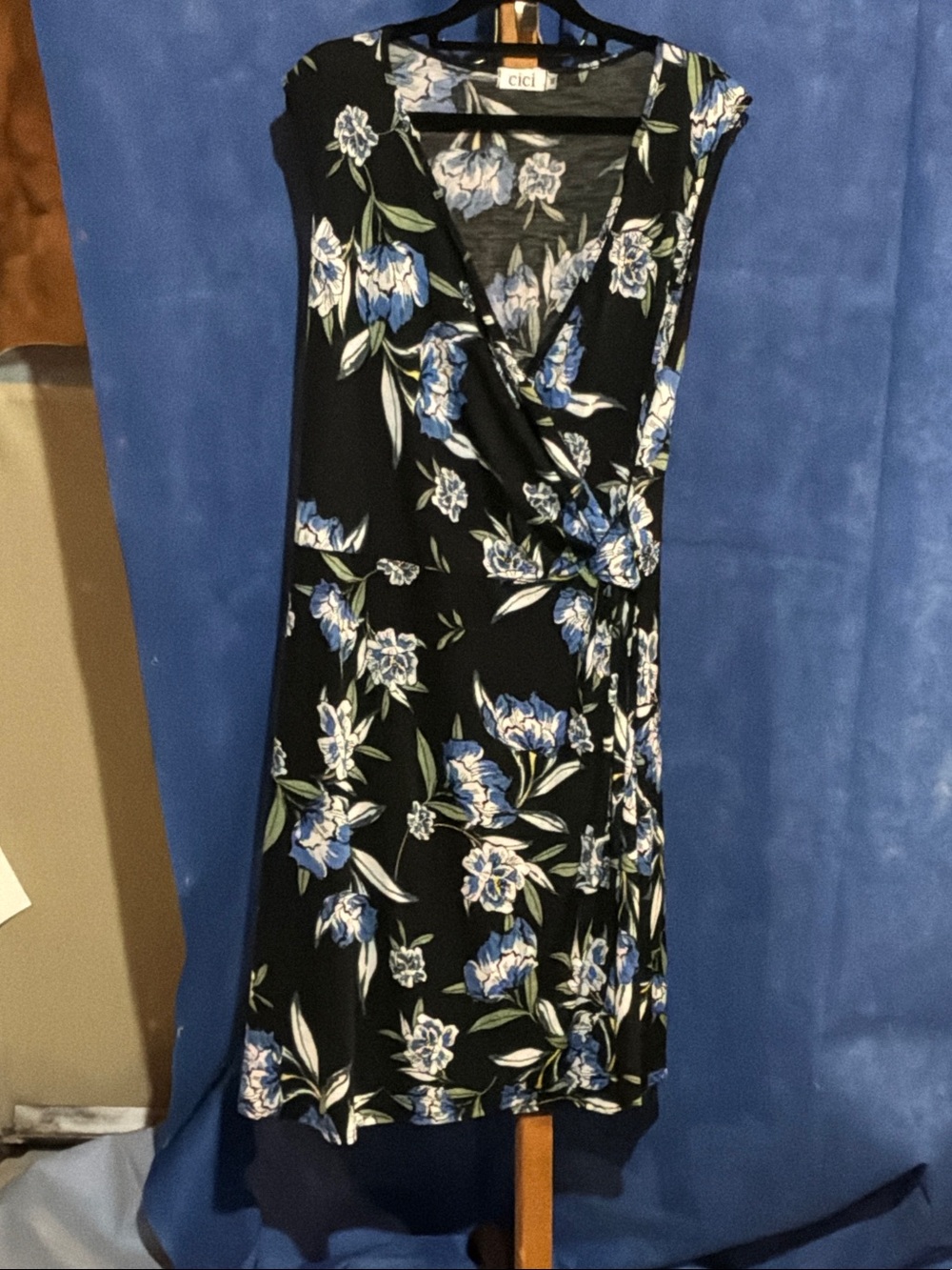 Black Midi Wrap Dress with Blue Floral Print